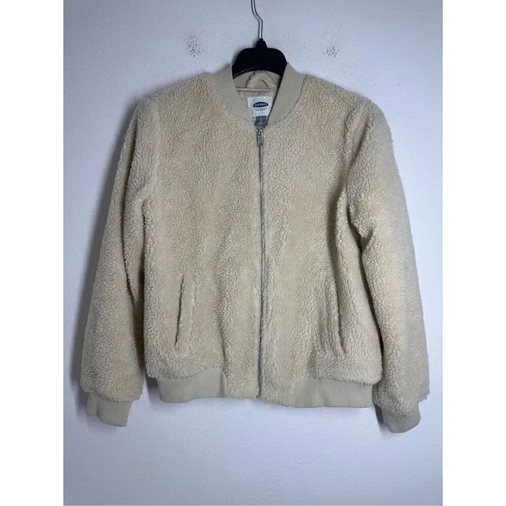 Old Navy Women’s Oatmeal Sherpa Lined Bomber Zip Up Jacket Coat Pockets Size L